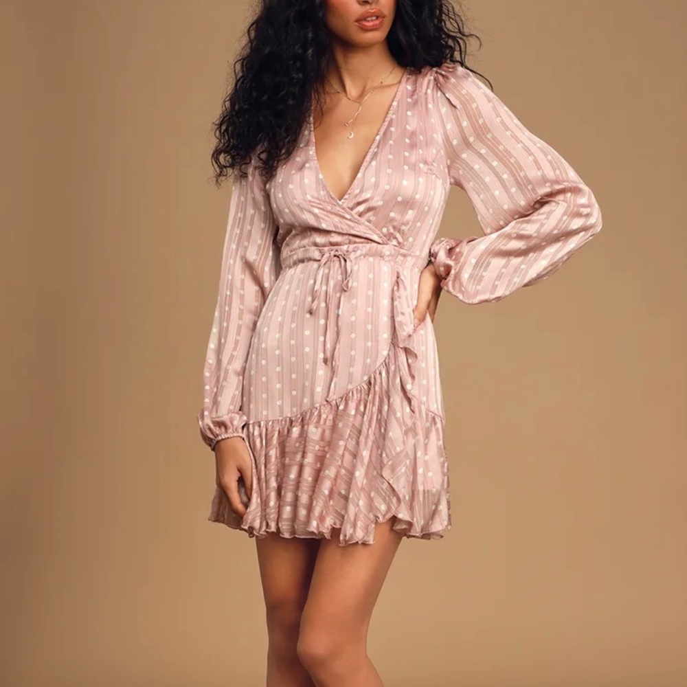 New Lulu’s Spotlight Moment Mauve Polka Dot Long Sleeve Ruffled Mini Dress xs